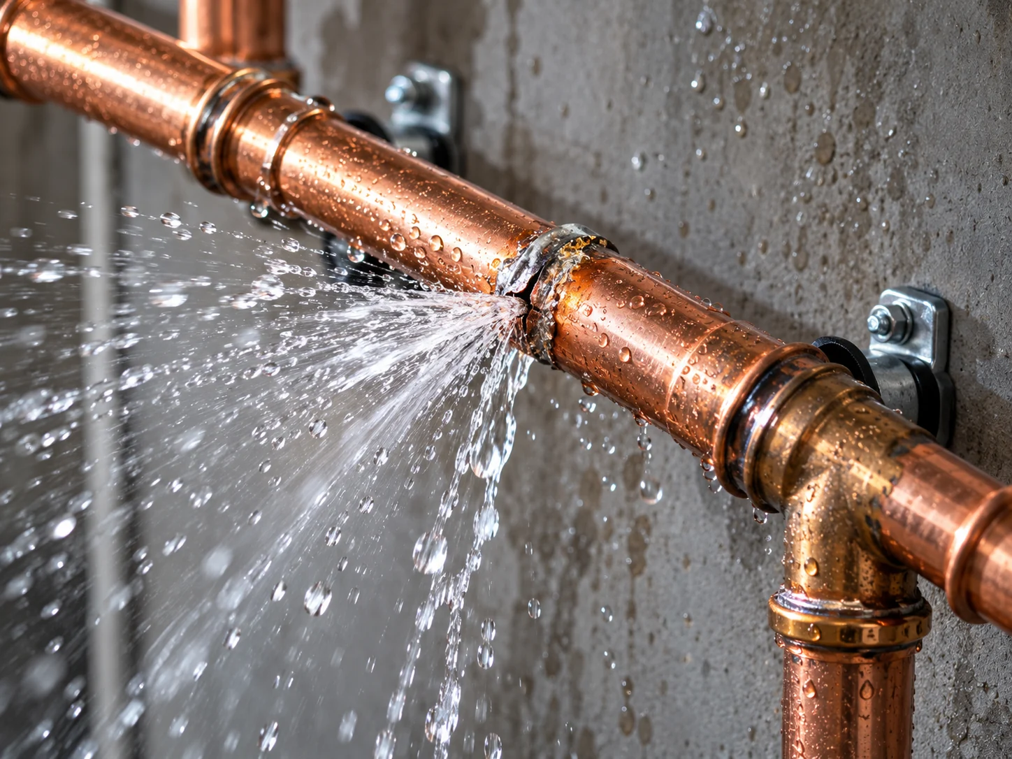 damaged copper pipe with water leak