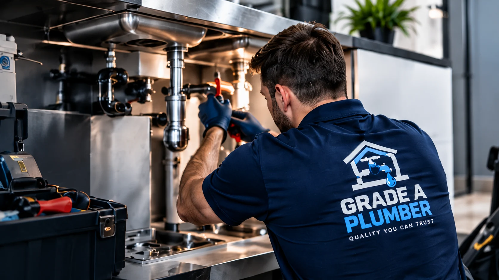 plumbing technician working beneath a sink